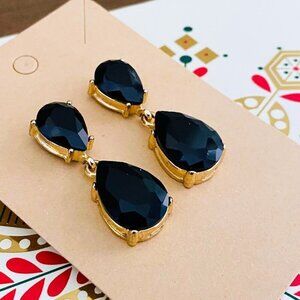 Black Faceted Crystal Teardrop Earrings Gold Tone